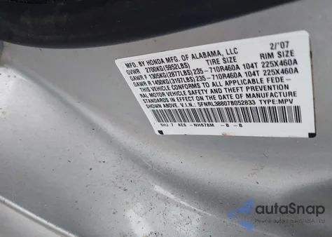 2007 Honda Odyssey Touring из США, поврежденный, VIN 5FNRL38807B052833